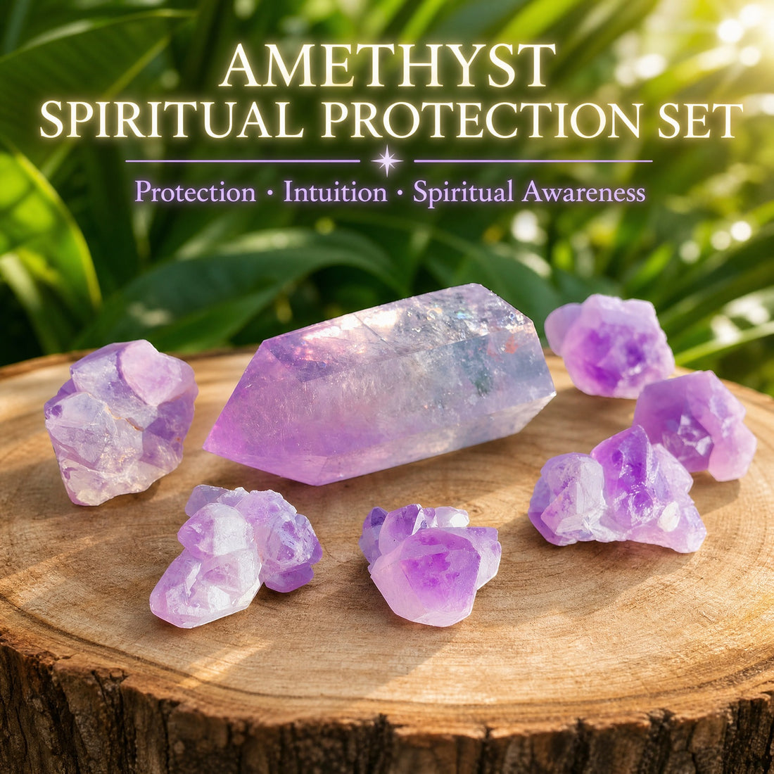 The full set on a wooden slab: one pale violet amethyst point lying among six small amethyst clusters