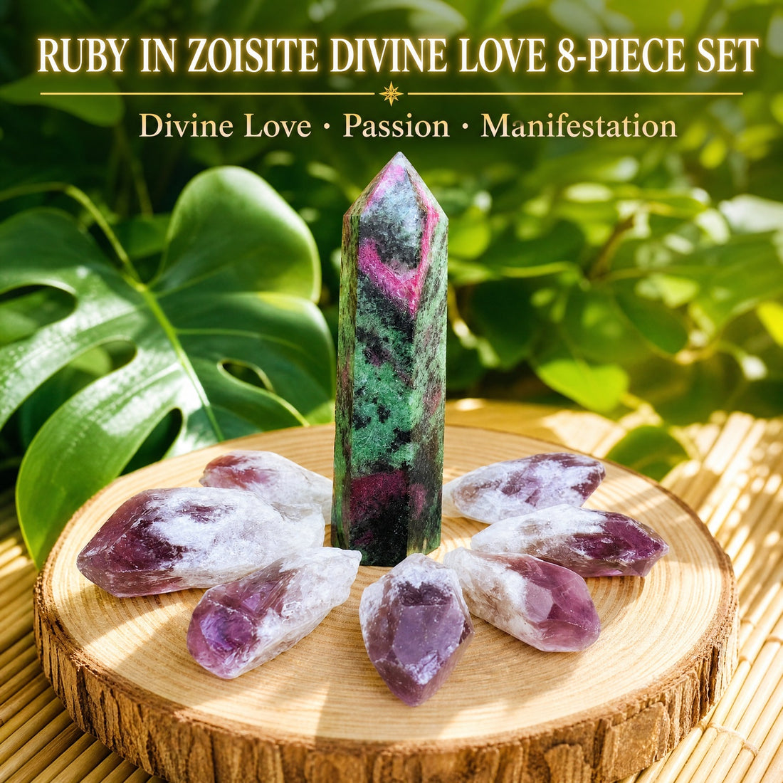 A green and pink Ruby in Zoisite point standing on a wood slice, circled by seven raw purple and white amethyst shards