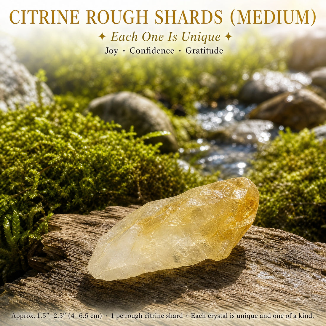 A rough golden citrine shard resting on weathered wood beside moss and a stream