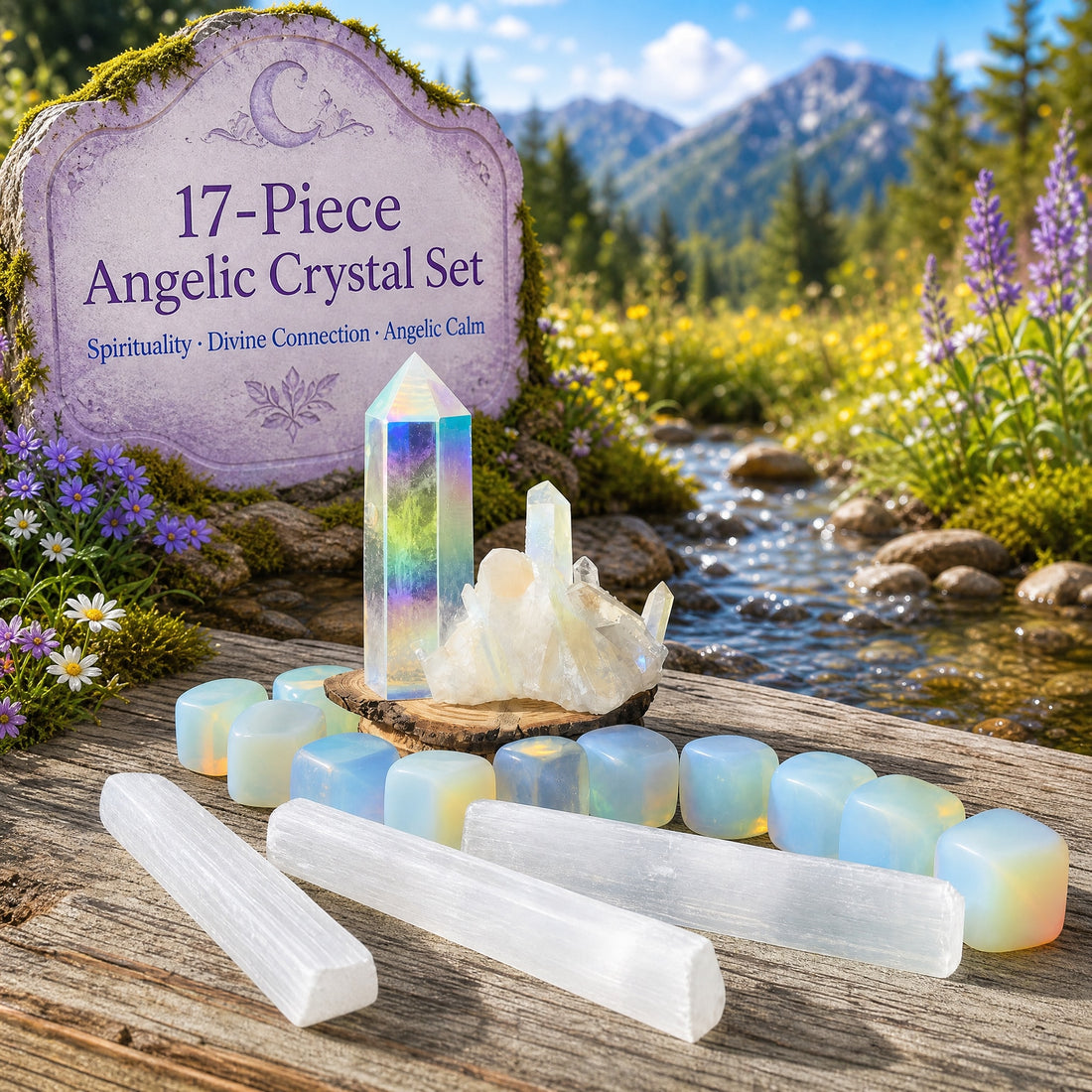 The full set on a wooden table: an Angel Aura point and cluster, three selenite sticks and twelve opalite cubes