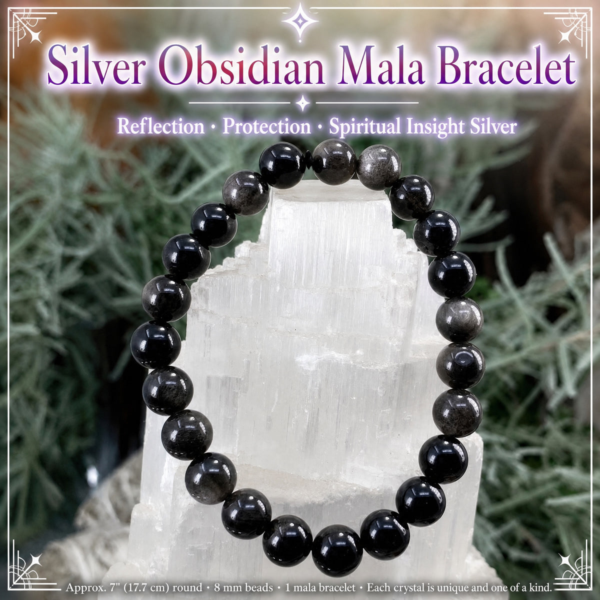 Bracelet Mala en obsidienne argentée avec pochette en velours