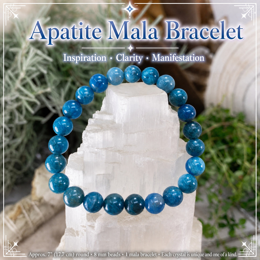 A single apatite mala bracelet of round blue beads draped over a selenite tower