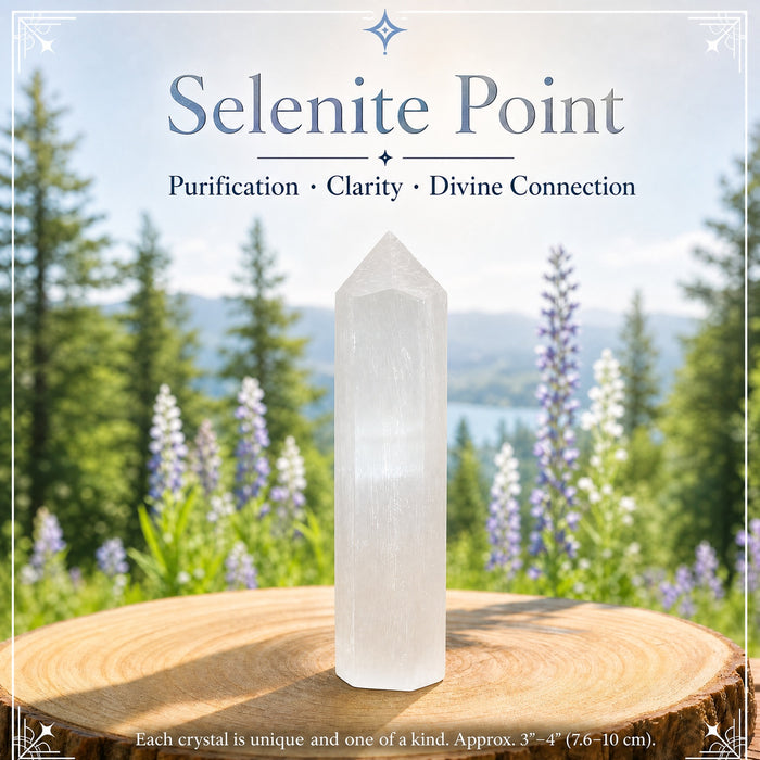 A six-sided white selenite point standing upright on a wooden slice