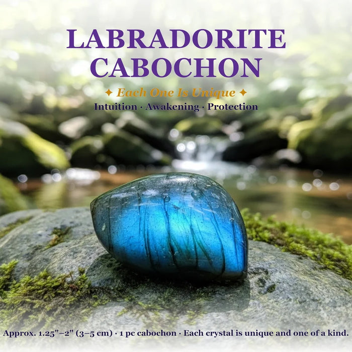 Labradorite cabochon flashing bright blue on a mossy stone by a stream