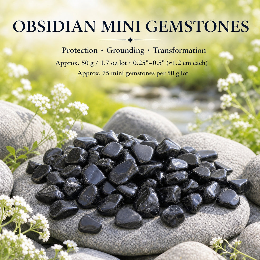 A heap of glossy black obsidian mini gemstones on grey river stones