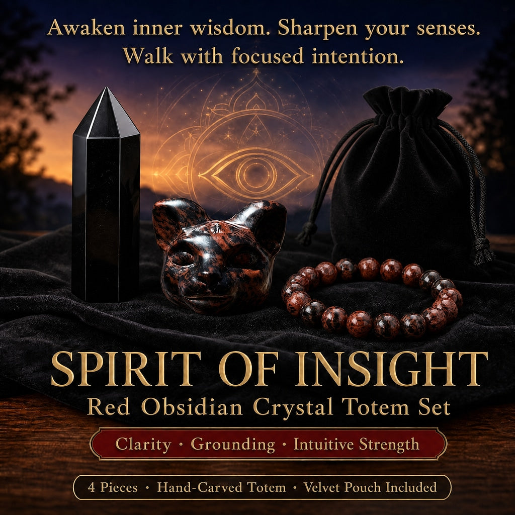 The Spirit of Insight set on black velvet: a black obsidian point, a red obsidian cat head, a red obsidian bead bracelet and a black velvet drawstring pouch