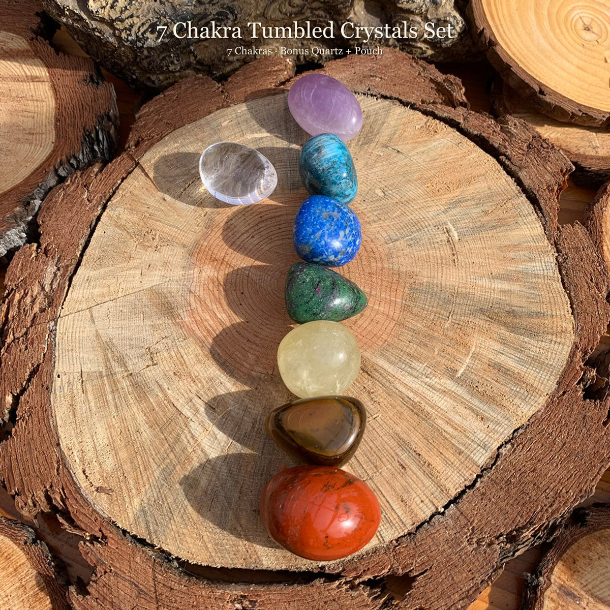 Ensemble de 7 cristaux roulés chakra PLUS cristal bonus + pochette