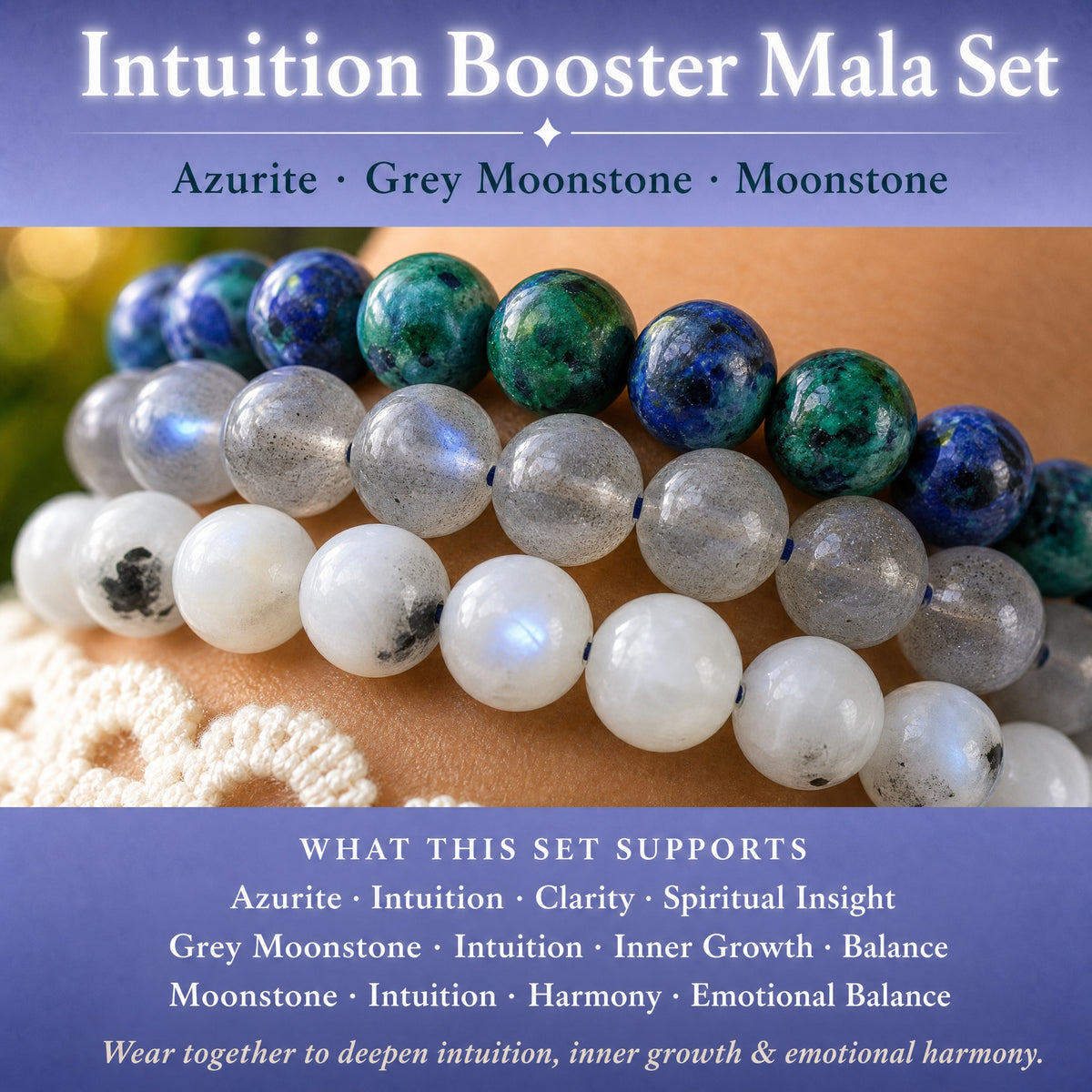 Intuition Booster 3-PC Crystal Mala Bracelet Set