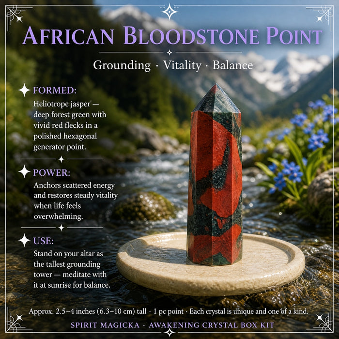 Dark green bloodstone point with bright red patches standing on a stone round