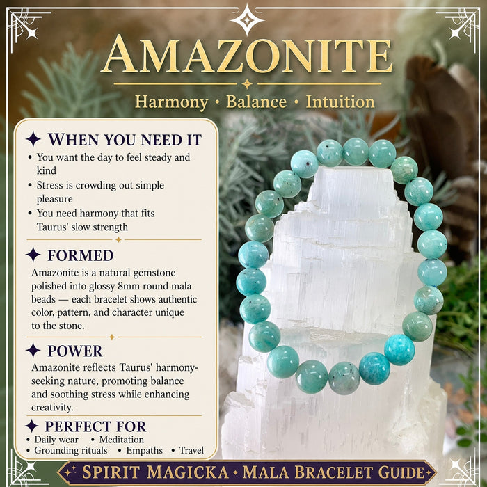 Amazonite bracelet of aqua and sea-green beads on a selenite tower