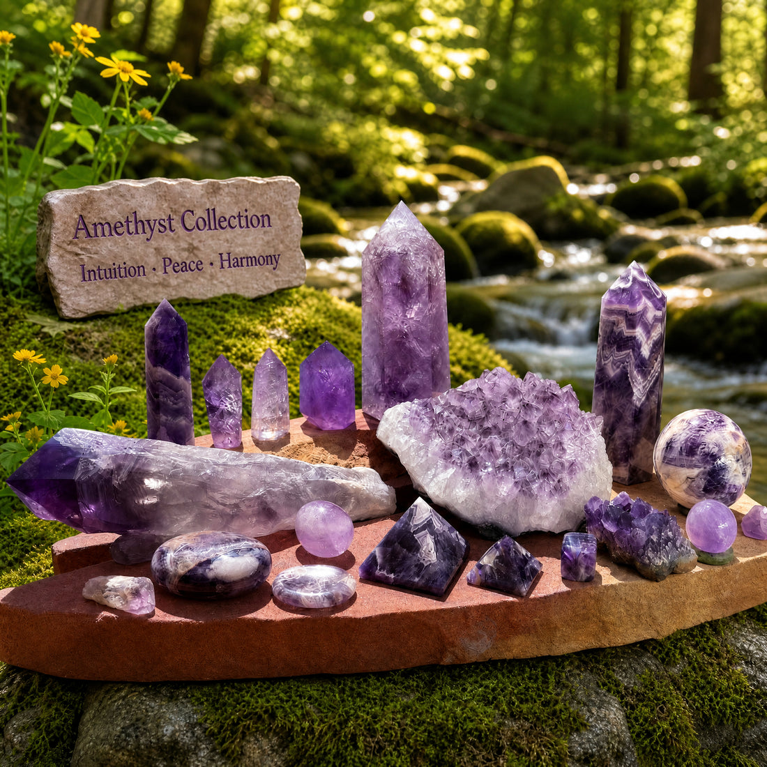 The amethyst collection arranged together on a red stone slab beside a forest stream: towers, points, a long shard, a cluster, spheres, pyramids and polished stones