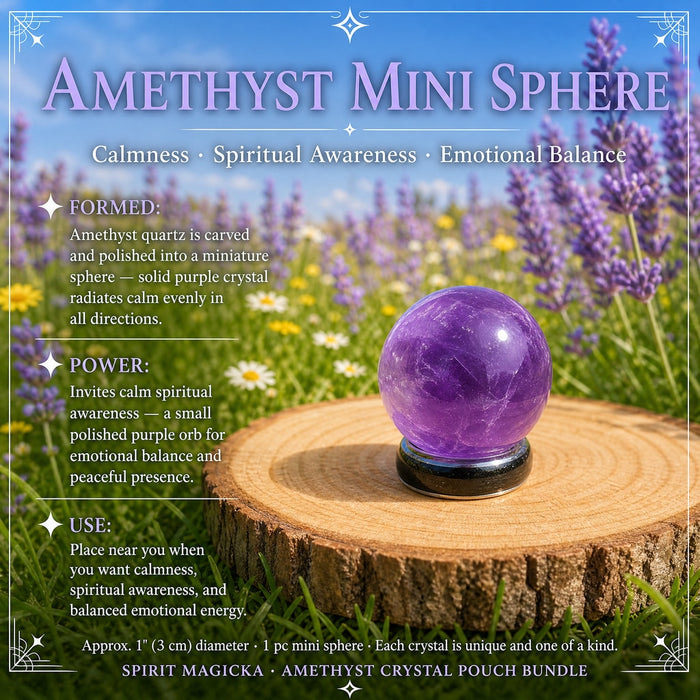 A polished purple amethyst mini sphere on a wood round