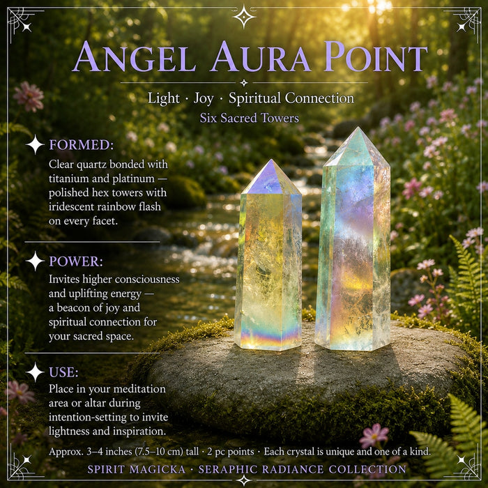 Two Angel Aura points with rainbow iridescence standing on a mossy stone