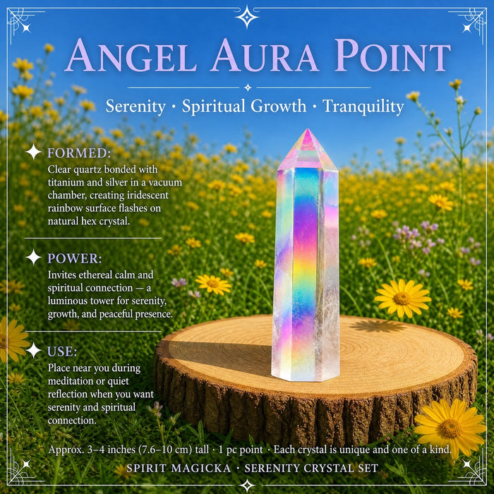 An iridescent angel aura quartz point standing on a wood slice in a flower meadow