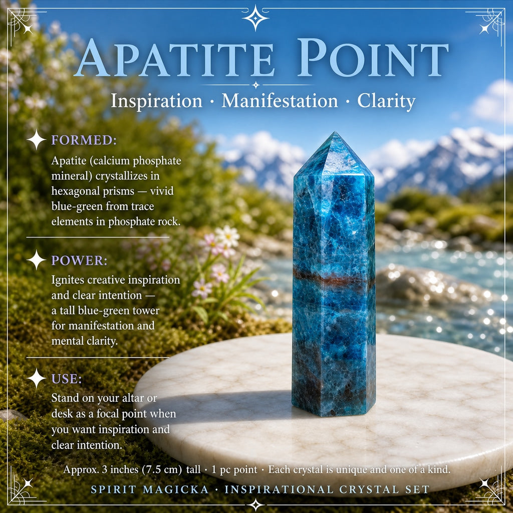 Blue apatite crystal point standing on a marble disc beside a mountain stream