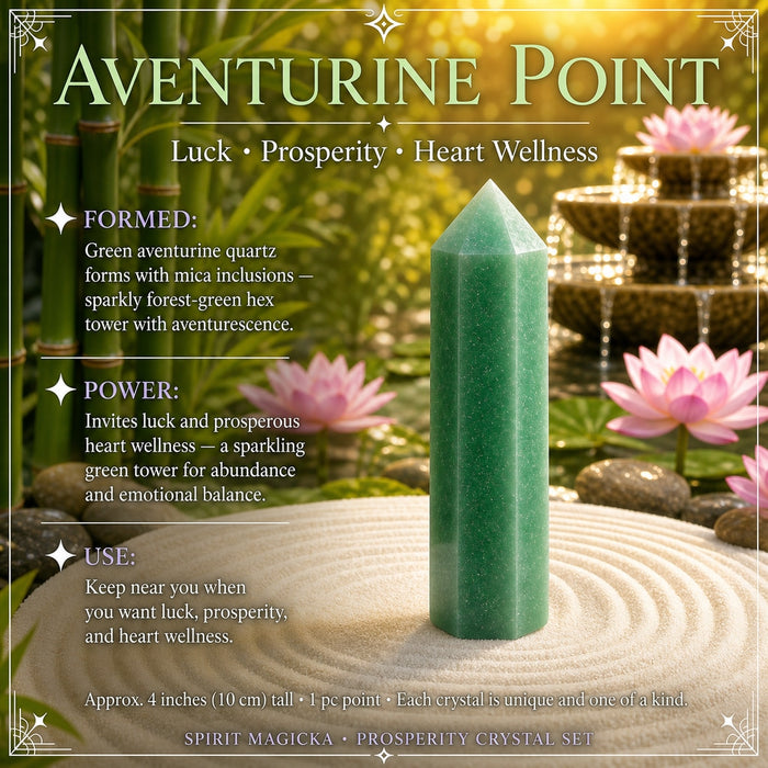 Green aventurine point standing on raked sand