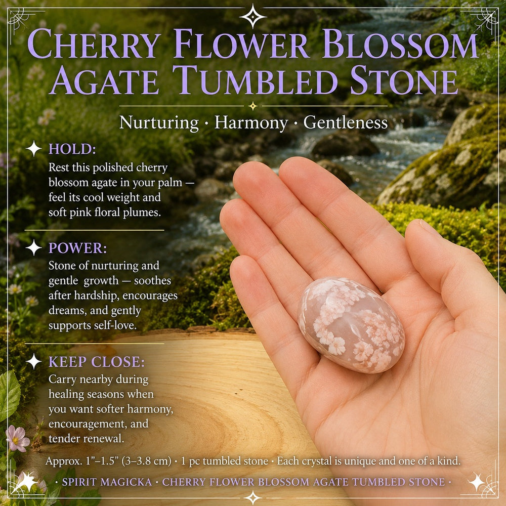 A polished cherry flower blossom agate with soft pink floral plumes resting in an open palm