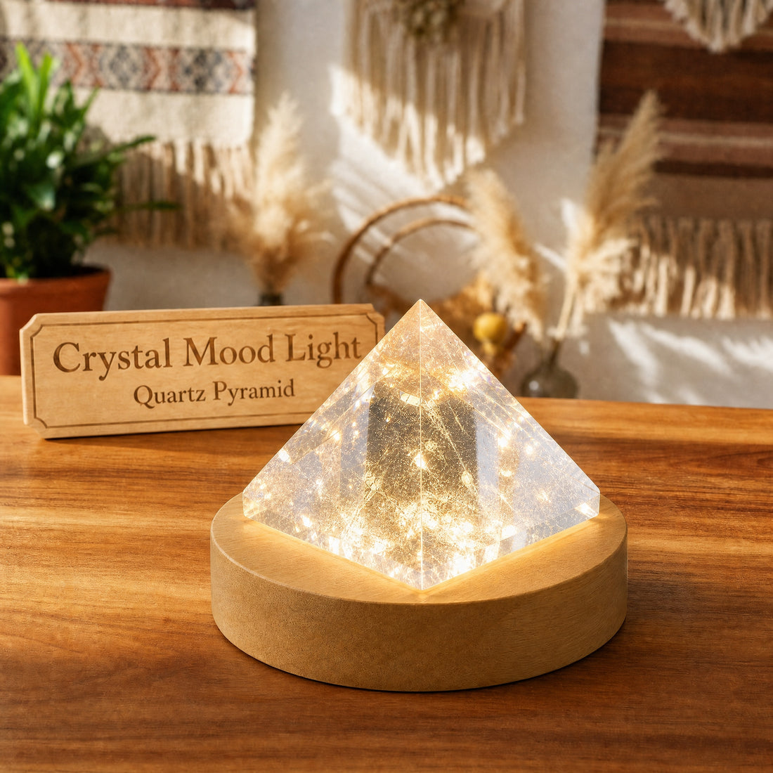 A clear quartz pyramid glowing warmly on a lit round wooden base on a wooden table
