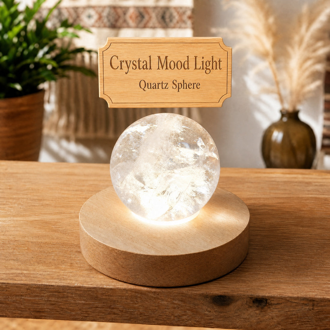 A clear quartz sphere glowing on a lit round wooden base on a tabletop