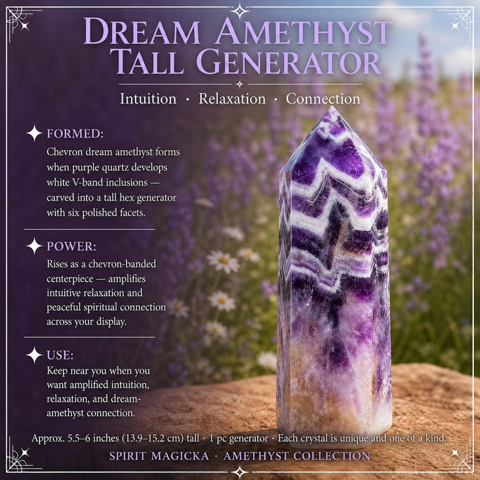 A tall dream amethyst generator with white chevron bands standing on a stone