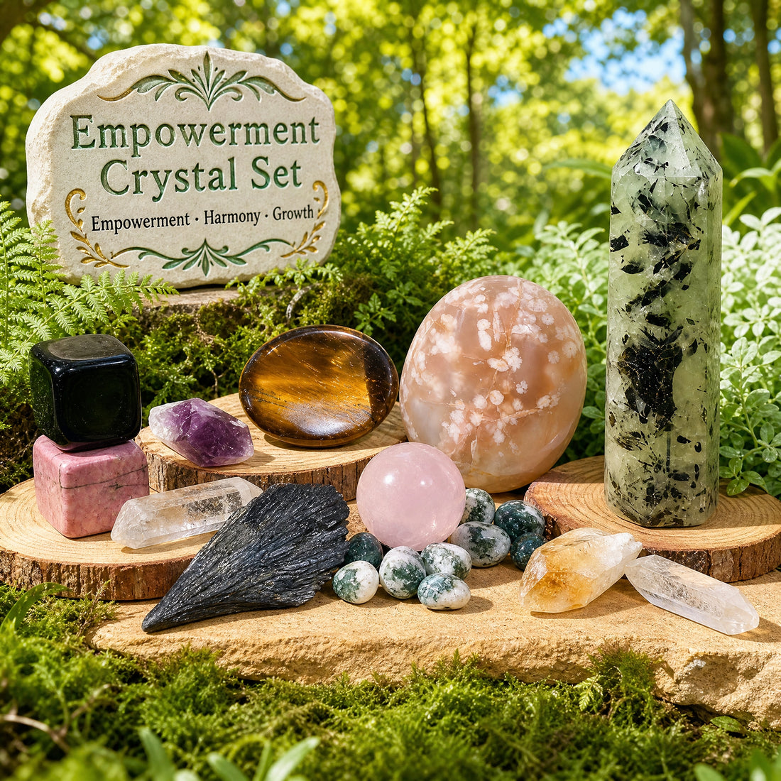 The Empowerment Crystal Set on wood slices in a forest: prehnite tower, cherry blossom agate palmstone, tiger eye worry stone, rose quartz sphere, black kyanite fan, obsidian and rhodonite cubes, amethyst, citrine and clear quartz shards, and green moss agate mini gemstones