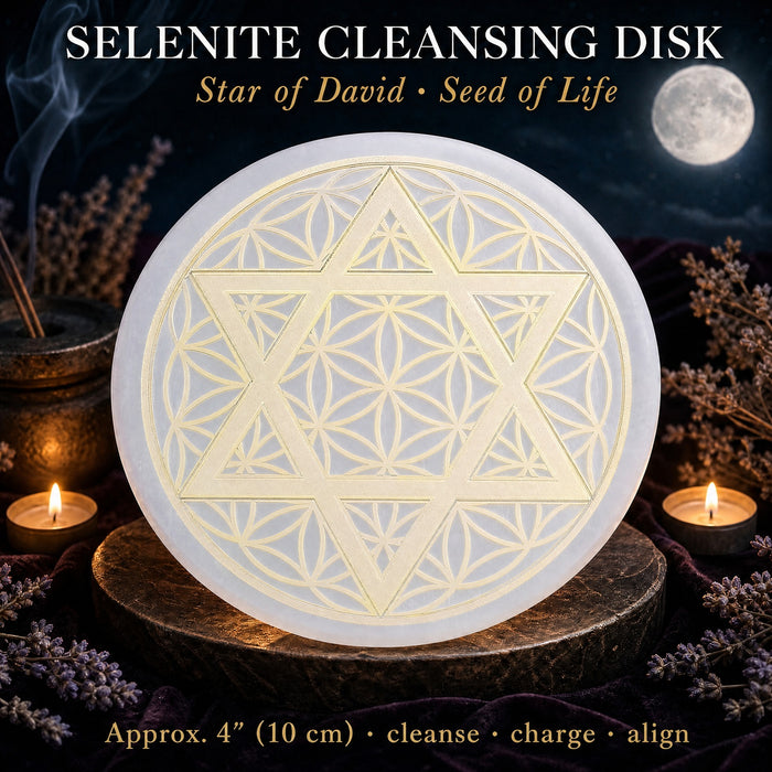 Sélénite étoile de David sur disque nettoyant Seed Life