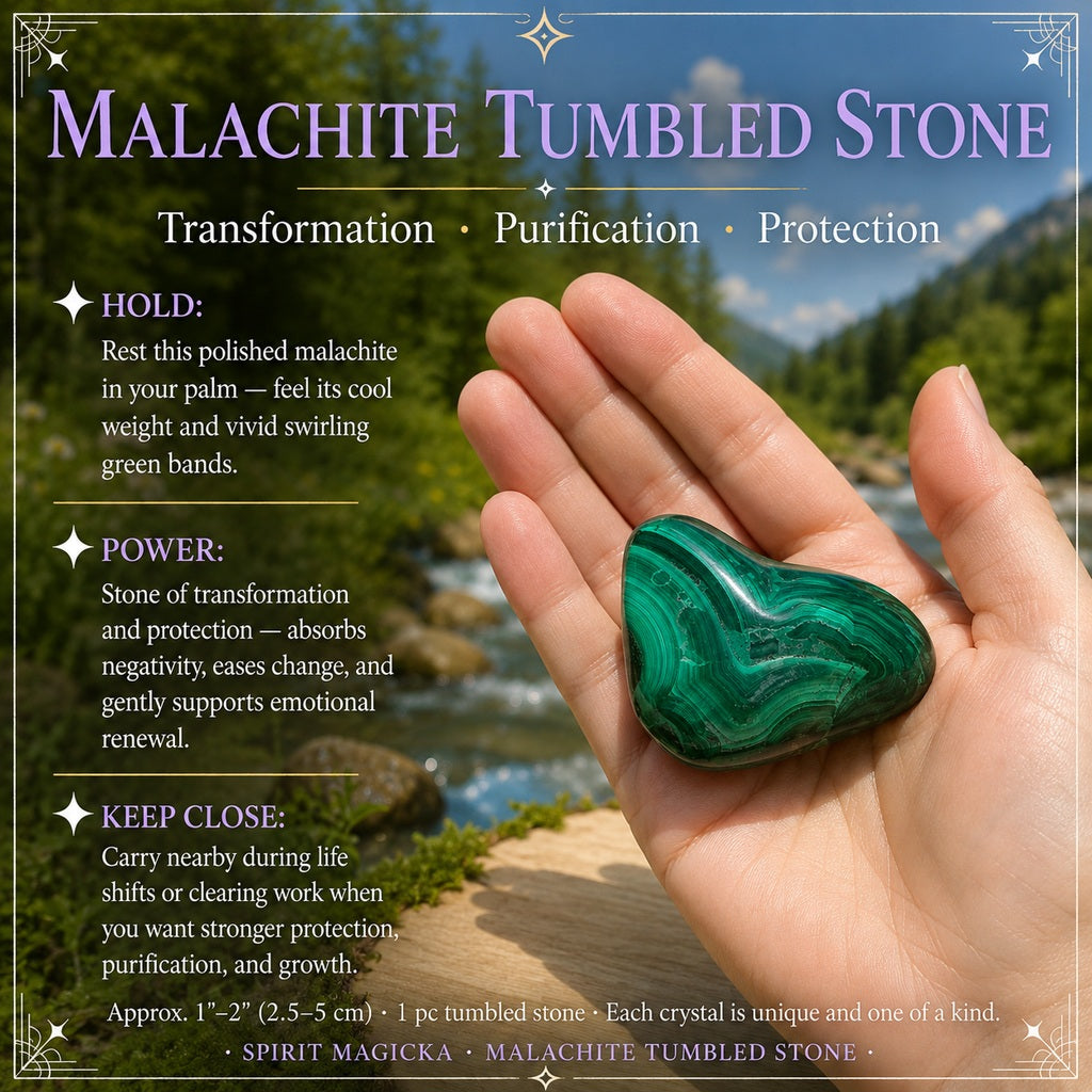 A polished malachite tumbled stone with swirling green bands resting on an open palm