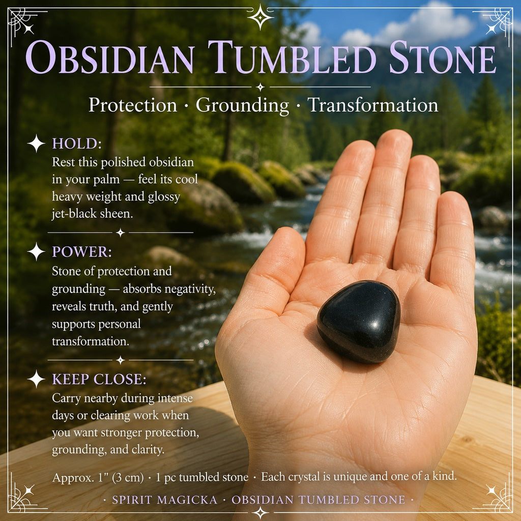 A glossy black obsidian tumbled stone resting in an open palm beside a mountain stream