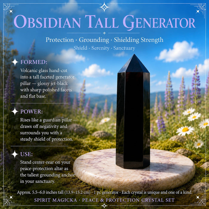 Tall glossy black obsidian generator standing on a round stone among wildflowers