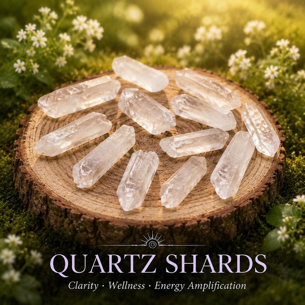 A pile of twelve raw natural quartz shards