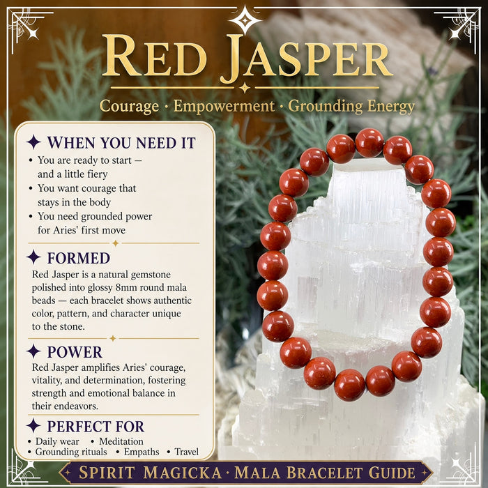 Red jasper bead bracelet on a selenite tower