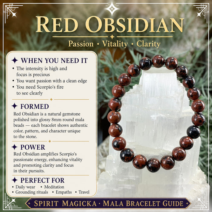 Red obsidian bead bracelet in deep red and black beads on a selenite block