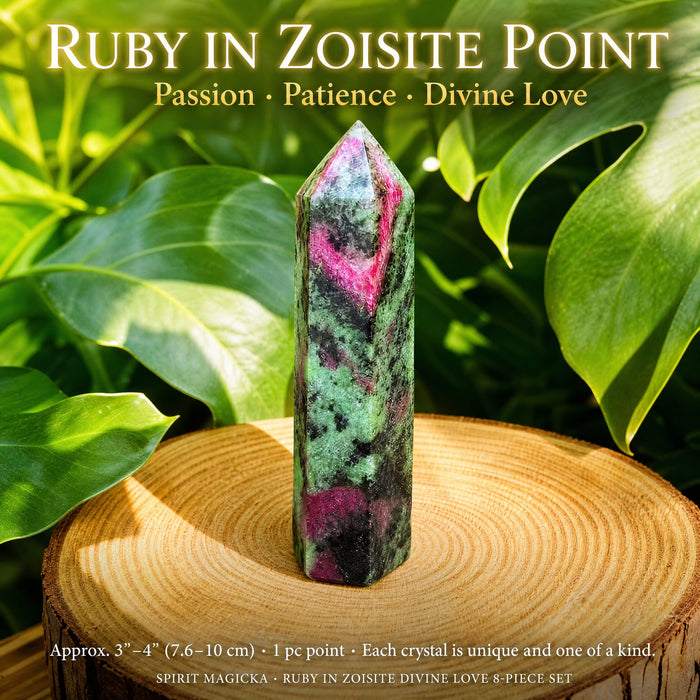 A six-sided Ruby in Zoisite point with pink ruby patches in green zoisite, standing on a wood slice