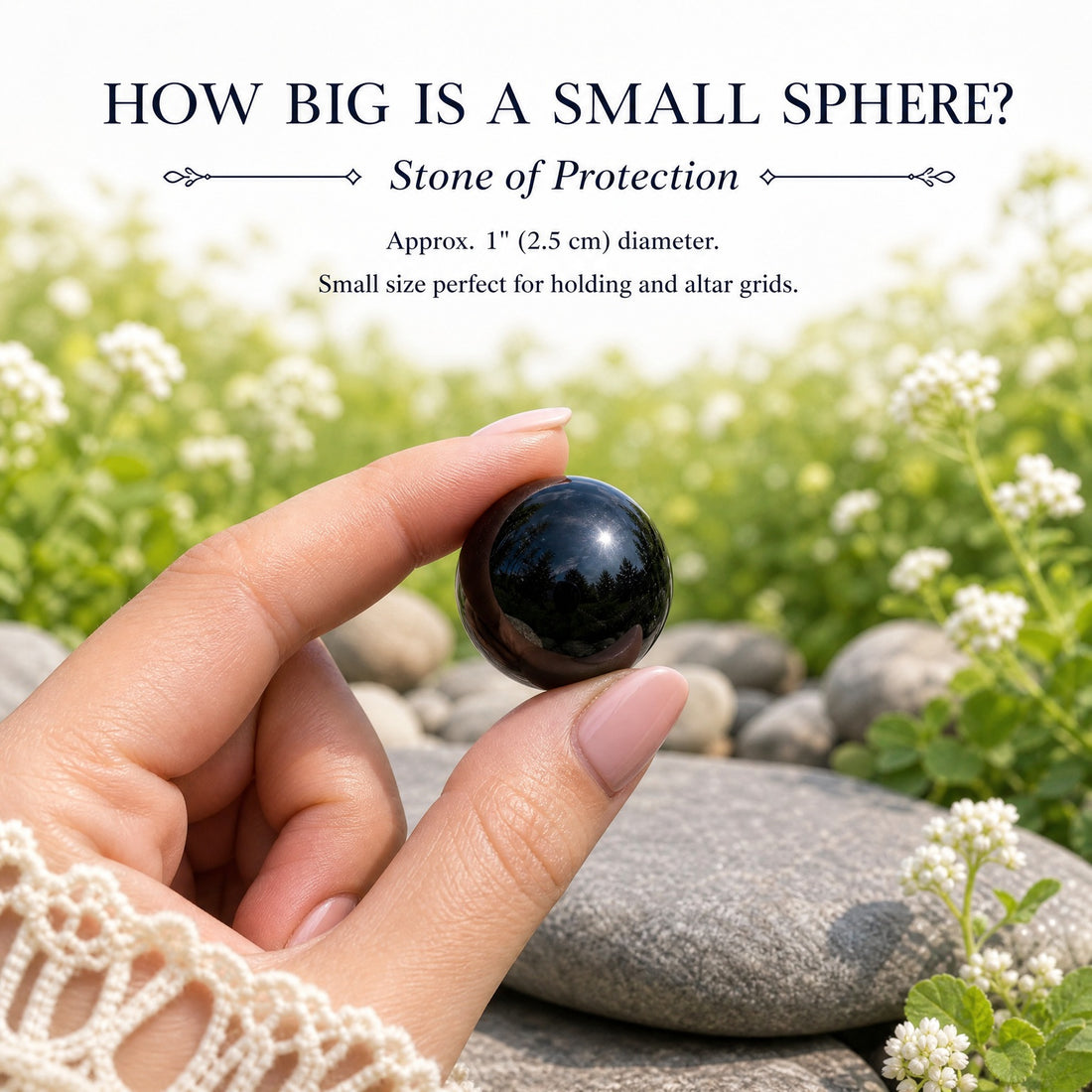 A small polished black obsidian sphere held between a thumb and fingertip above garden stones