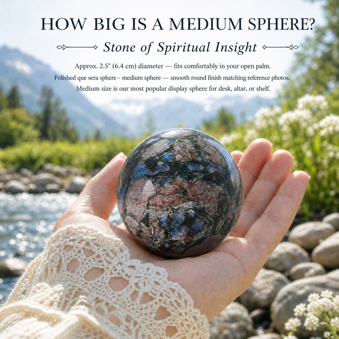 Medium que sera sphere resting in an open palm beside a mountain stream