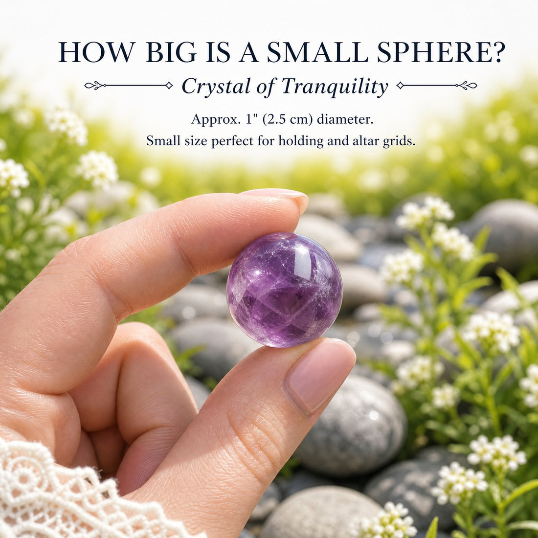 A small polished amethyst sphere held between a thumb and fingertip above garden stones