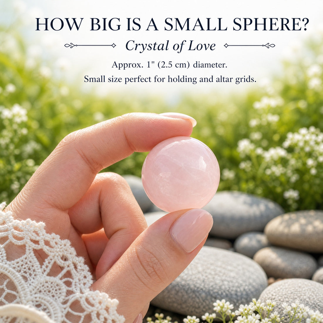A small polished rose quartz sphere held between finger and thumb