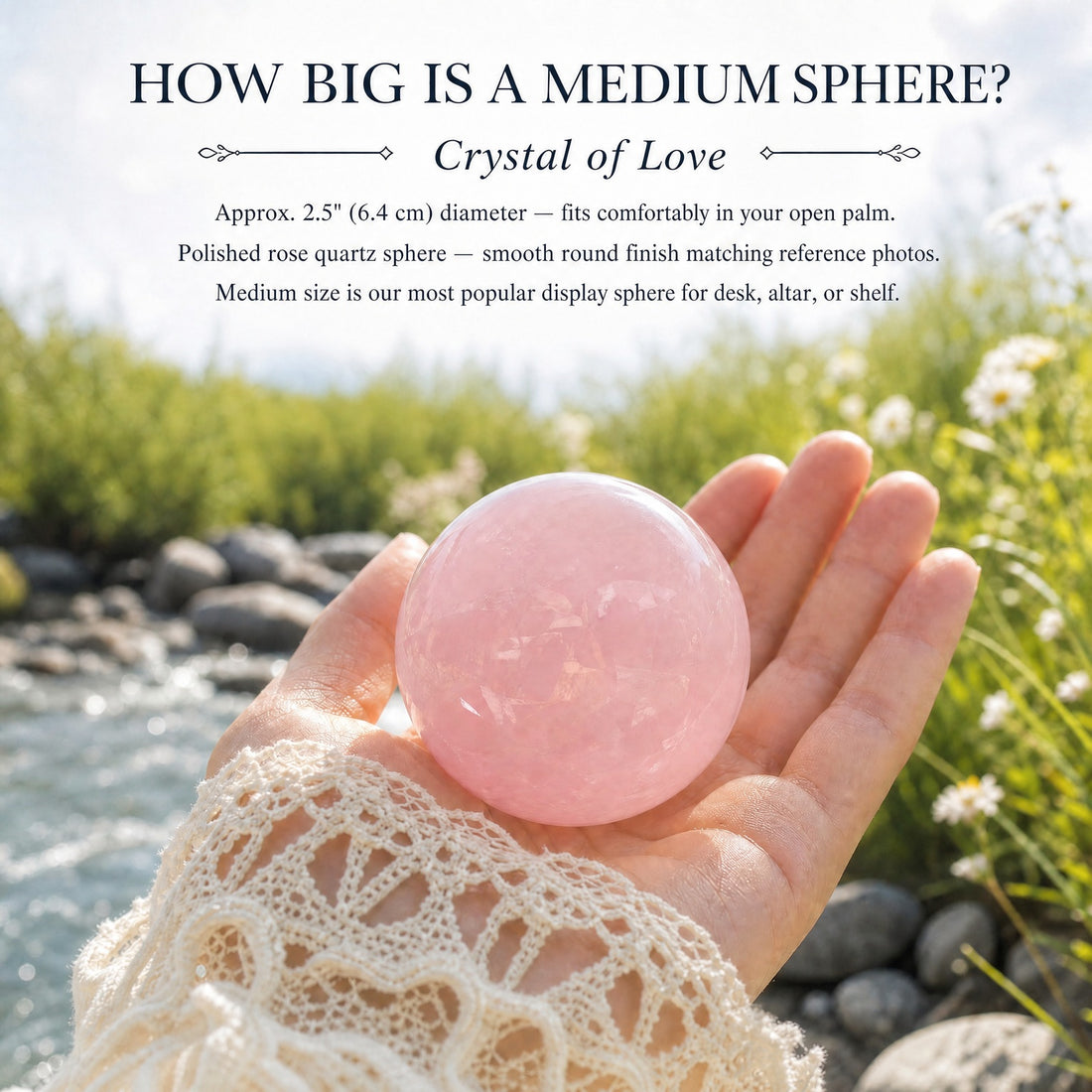 A polished pink rose quartz sphere resting in an open palm beside a stream