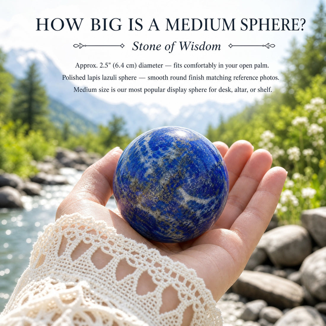 A medium lapis lazuli sphere resting in an open palm beside a mountain stream