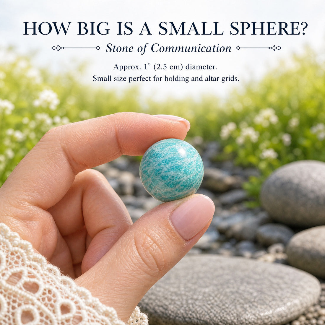 A small polished amazonite sphere in aqua green with white streaks, held between finger and thumb
