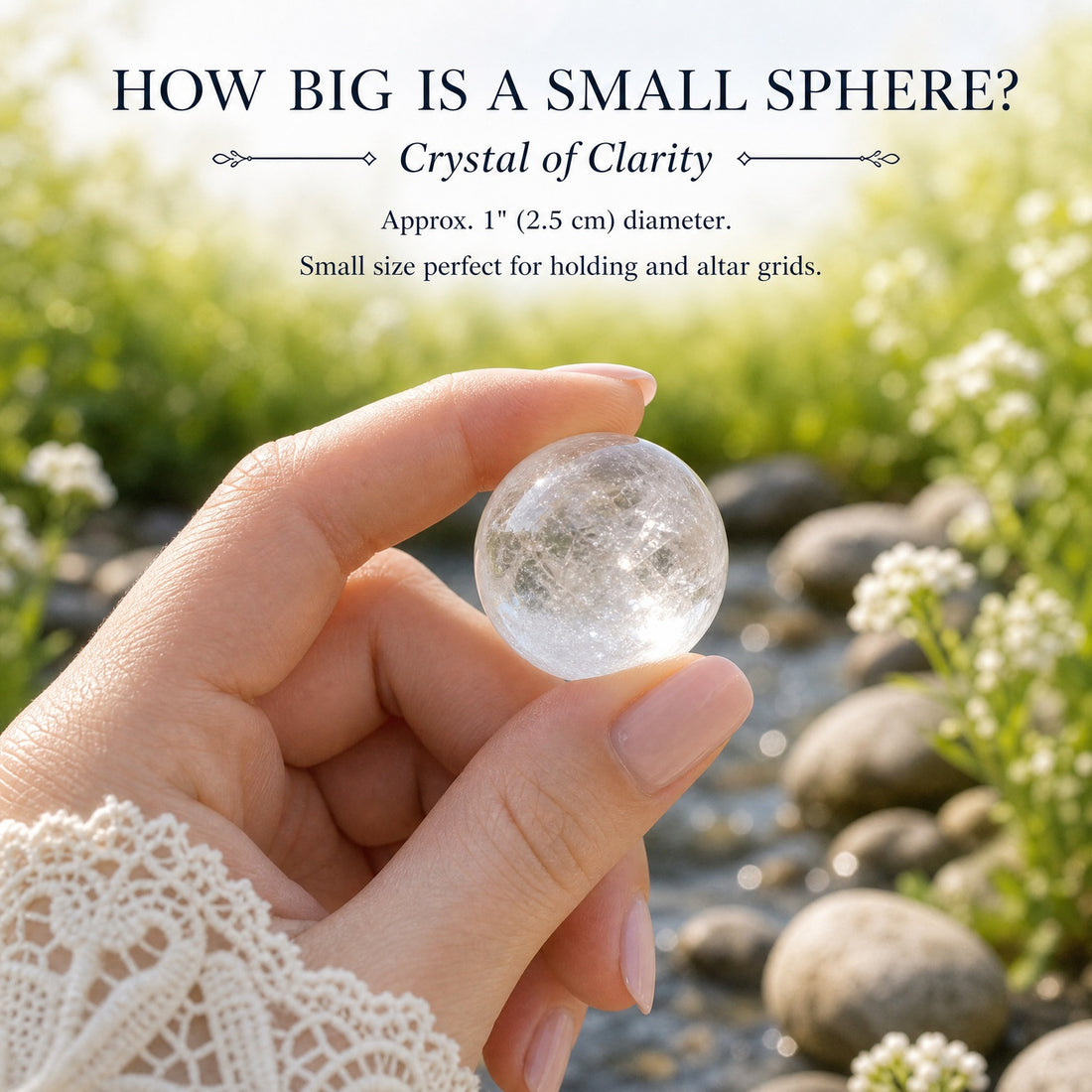 A small clear quartz sphere held between thumb and fingers beside a sunlit stream