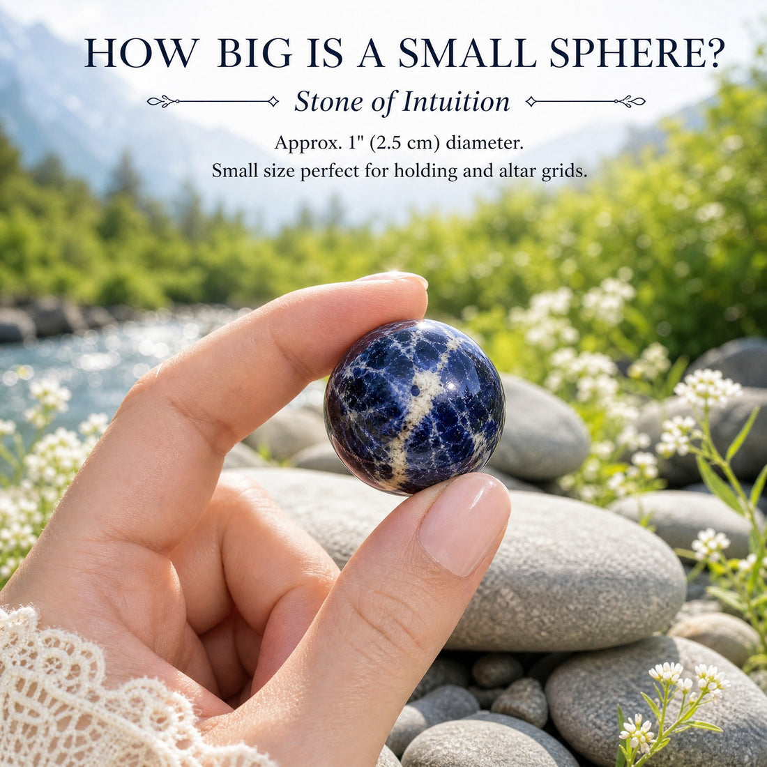 A small polished sodalite sphere in deep blue with white veining, held between finger and thumb beside a mountain stream