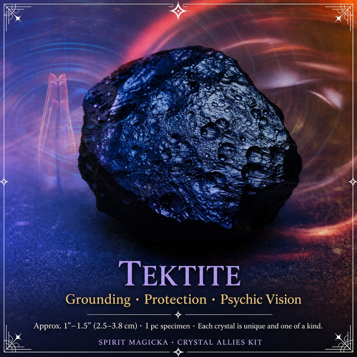 A rough black tektite specimen with a pitted, glassy surface