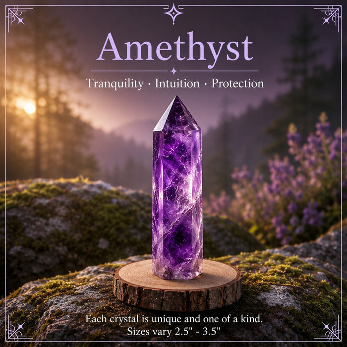 A purple amethyst point on a wooden stand among lavender