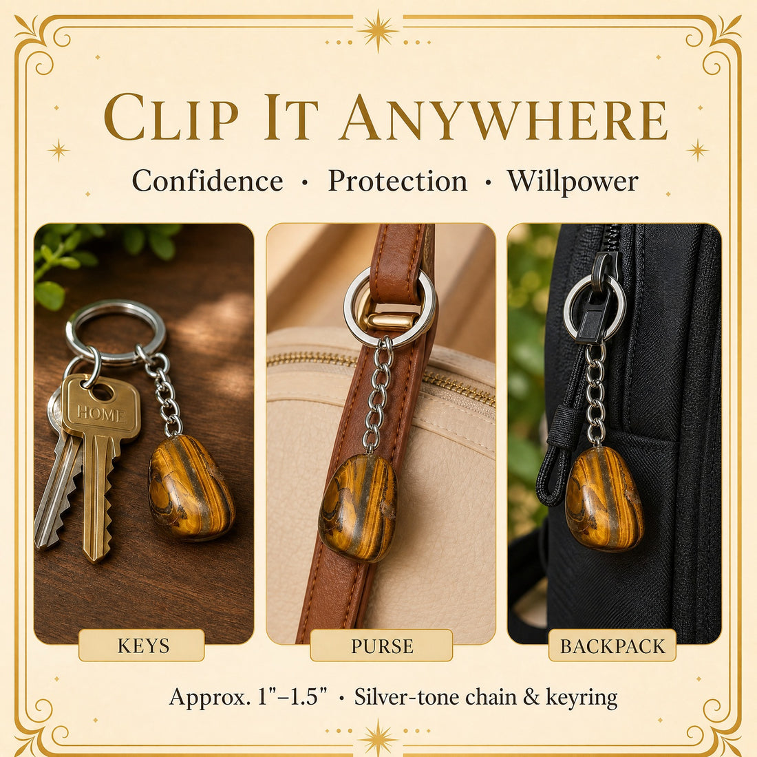 The tiger's eye keychain shown three ways: on a set of house keys, on a purse strap and on a backpack zipper