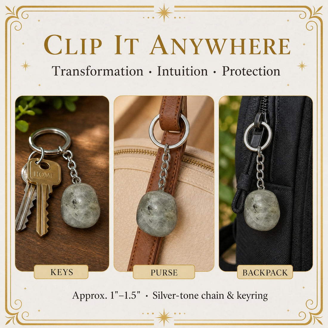 The grey labradorite keychain shown three ways: on a ring of house keys, clipped to a purse strap and hanging from a backpack zip