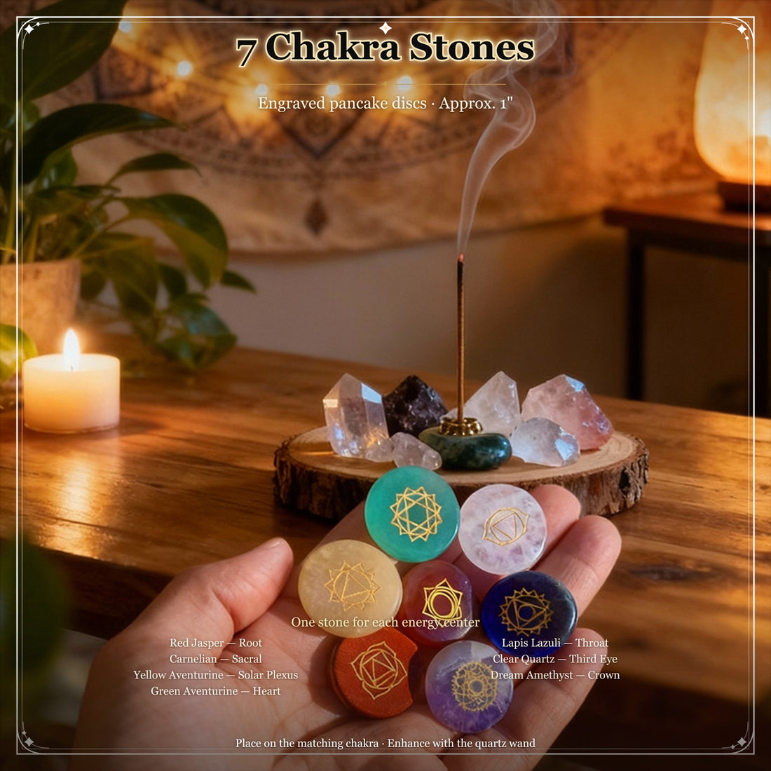 Seven round chakra stones engraved with gold symbols, held together in an open palm