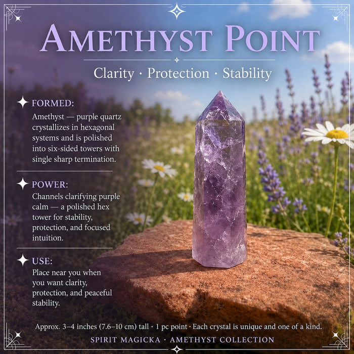 A lavender amethyst point standing on a stone