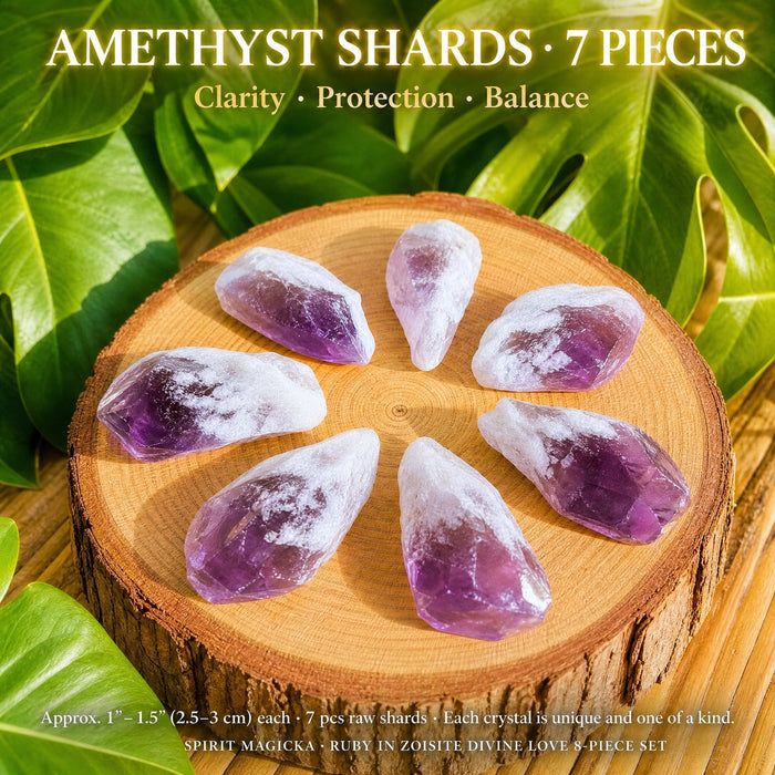 Seven raw amethyst shards, purple at the tips and white at the base, arranged in a circle on a wood slice