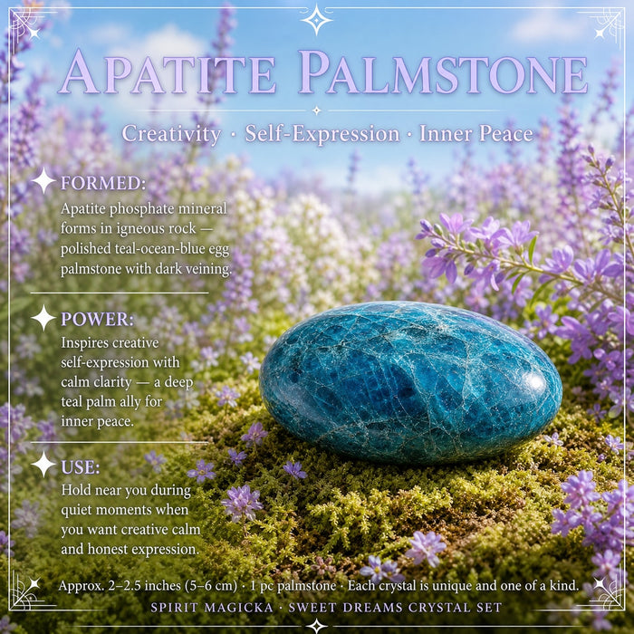 A polished deep teal apatite palmstone resting on moss